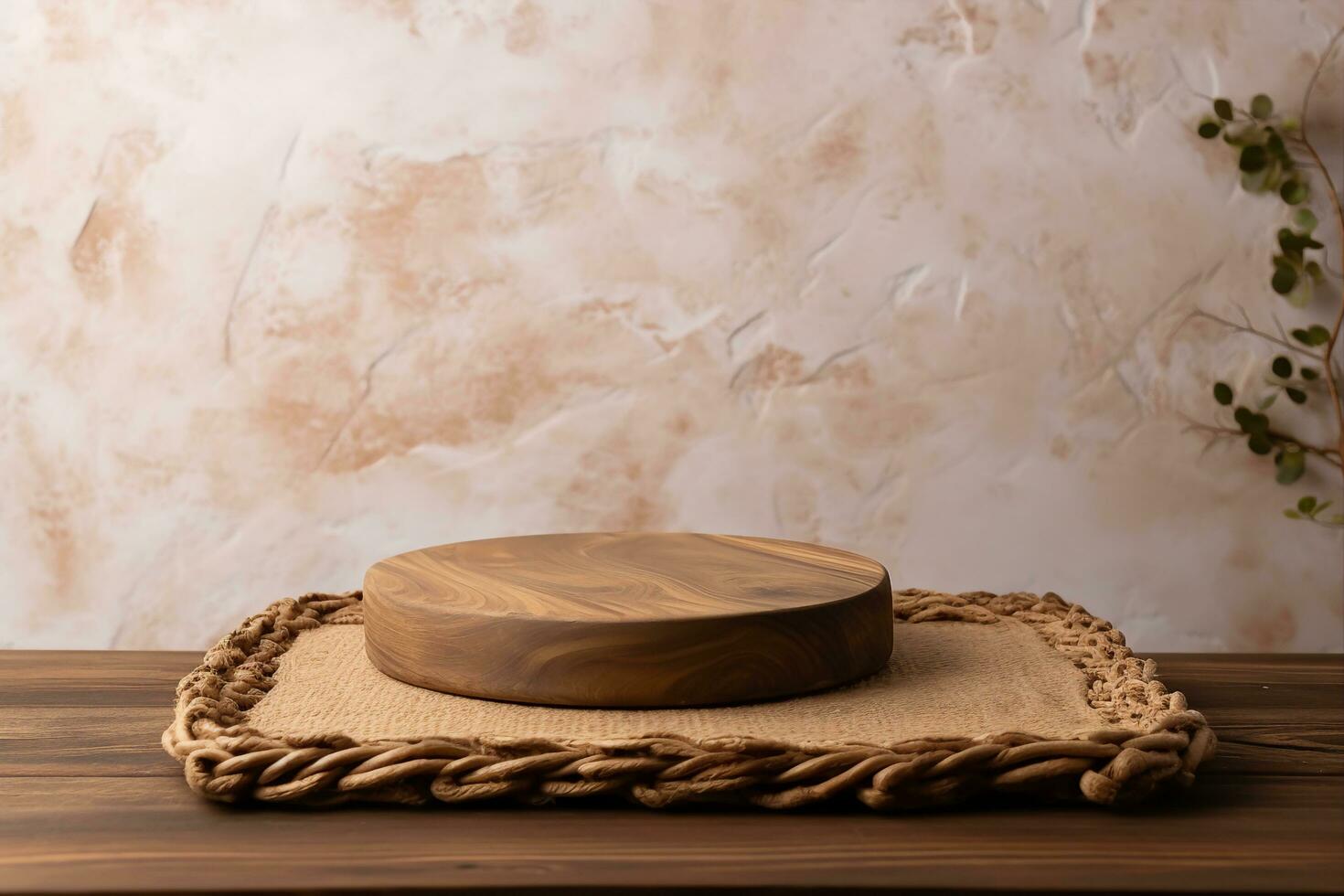 Empty wooden podium with wicker place mat on table over stone wall background. Kitchen mock up for design and product display. generative ai. photo