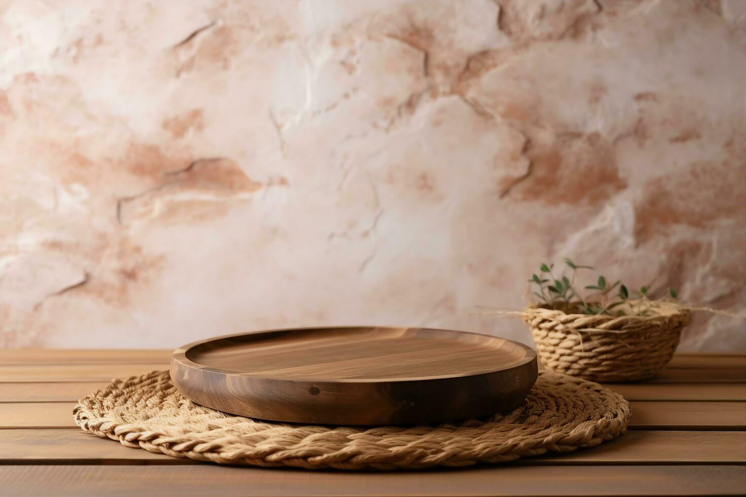 Empty wooden podium with wicker place mat on table over stone wall background. Kitchen mock up for design and product display. generative ai. photo