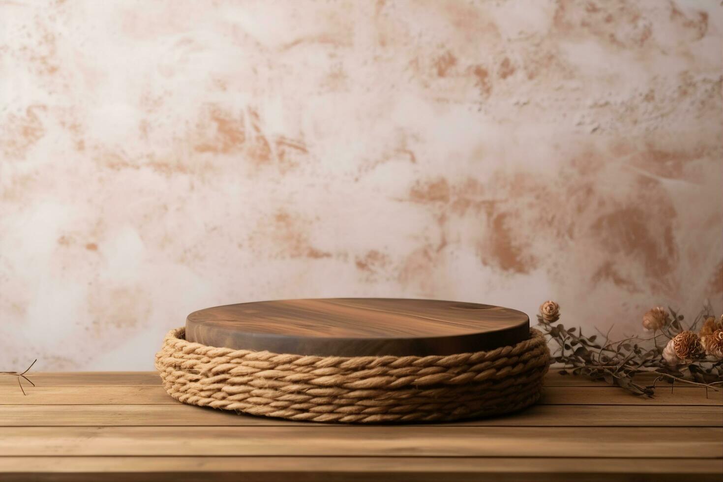 Empty wooden podium with wicker place mat on table over stone wall background. Kitchen mock up for design and product display. generative ai. photo