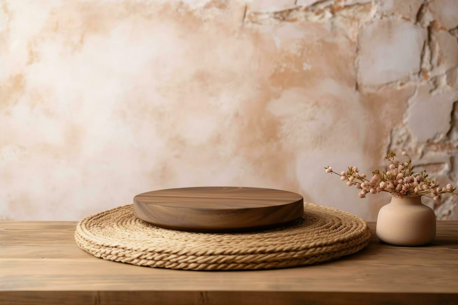 Empty wooden podium with wicker place mat on table over stone wall background. Kitchen mock up for design and product display. generative ai. photo