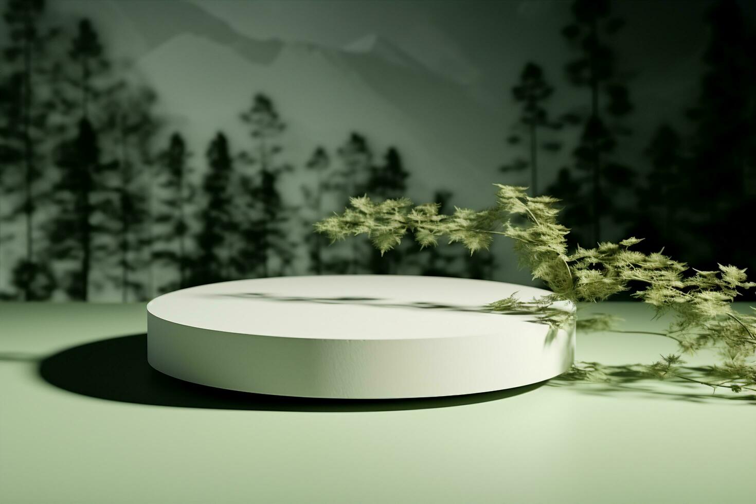 AI generated Stone podium on rock platform 3d illustration, grey rock pedestal for a product display stand, green forest and blurred horizon on the background, natural scenery landscape. photo