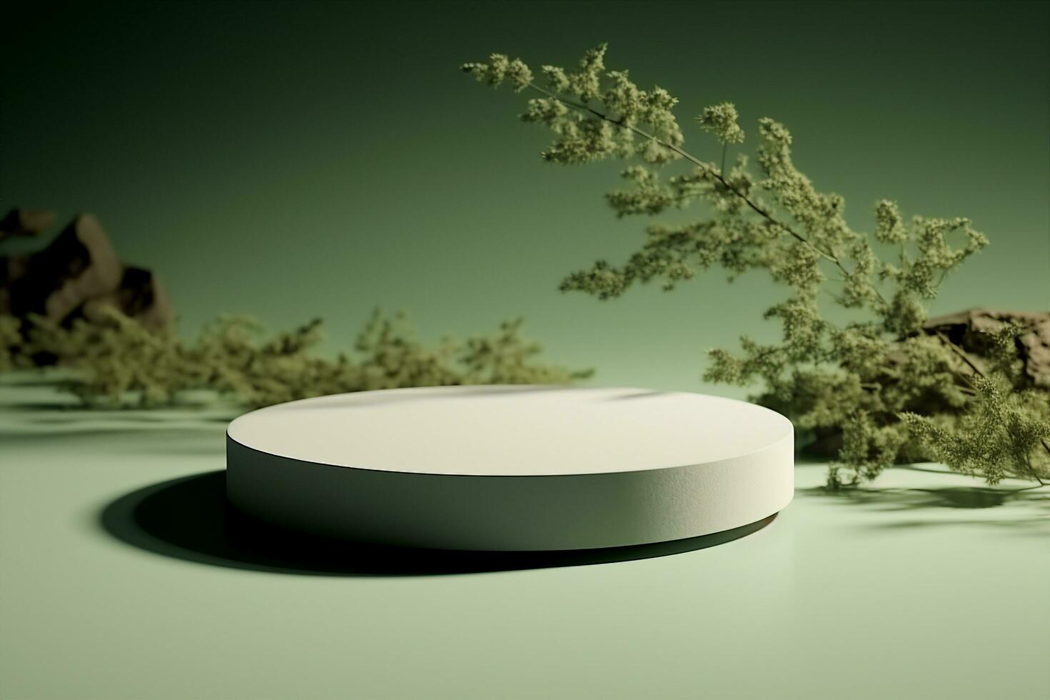AI generated Stone podium on rock platform 3d illustration, grey rock pedestal for a product display stand, green forest and blurred horizon on the background, natural scenery landscape. photo