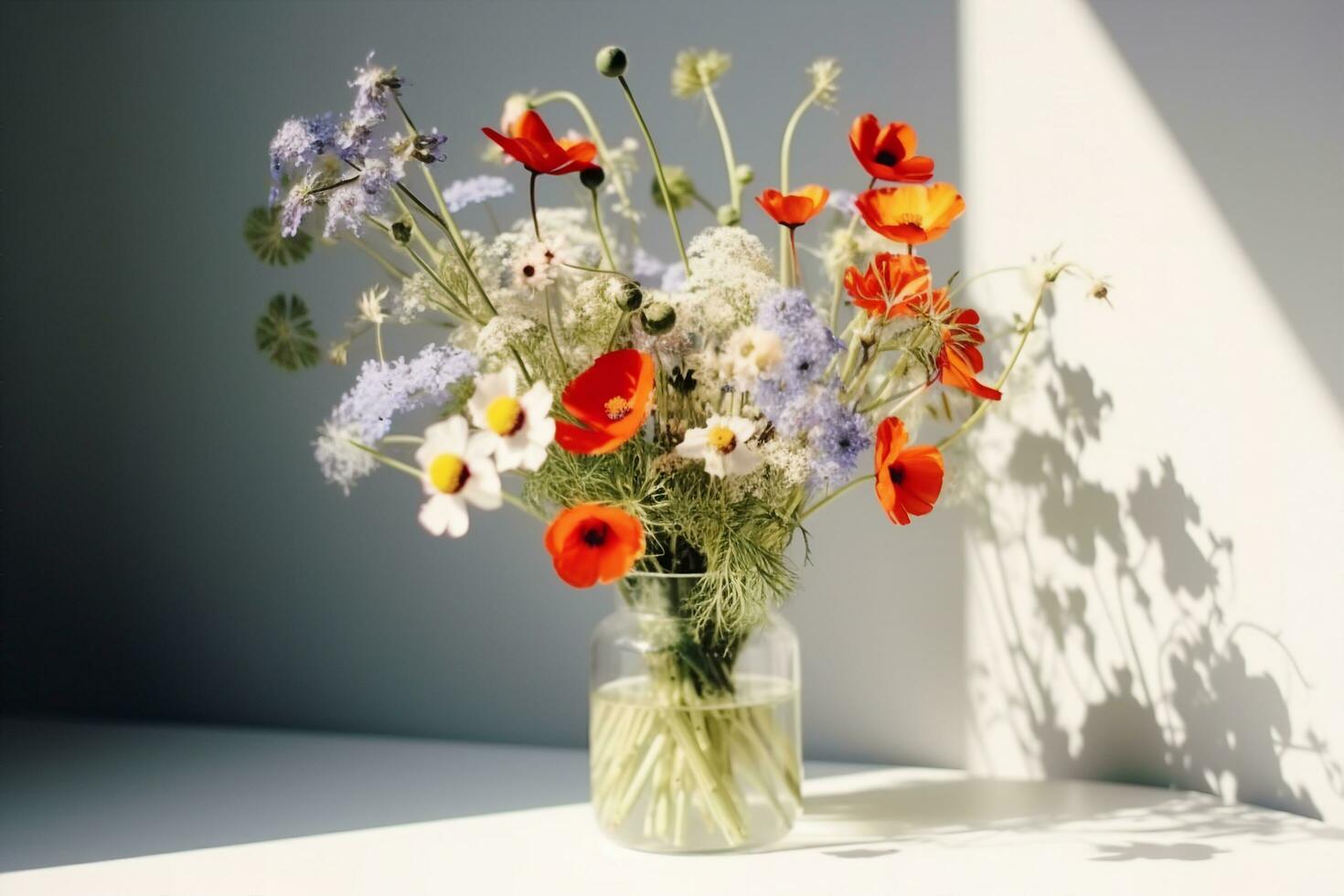 AI generated Bouquet of wildflowers in a small glass vase on the white table. Poppies, chamomiles, cornflowers, green grass. Summer photo. Contrast shadows on the white wall. Country style. photo