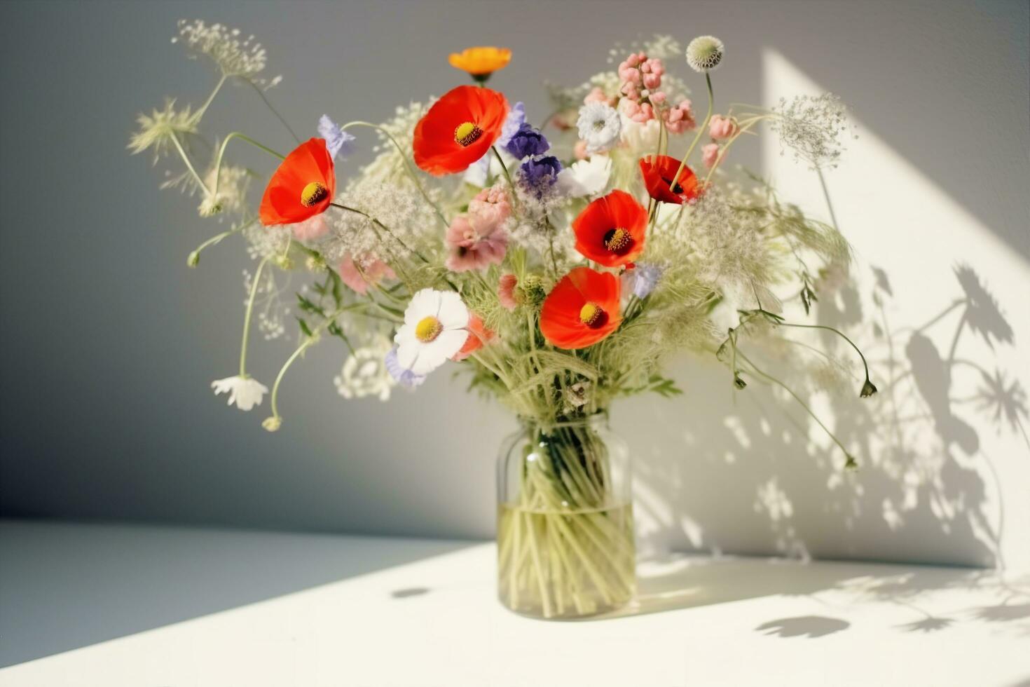 AI generated Bouquet of wildflowers in a small glass vase on the white table. Poppies, chamomiles, cornflowers, green grass. Summer photo. Contrast shadows on the white wall. Country style. photo