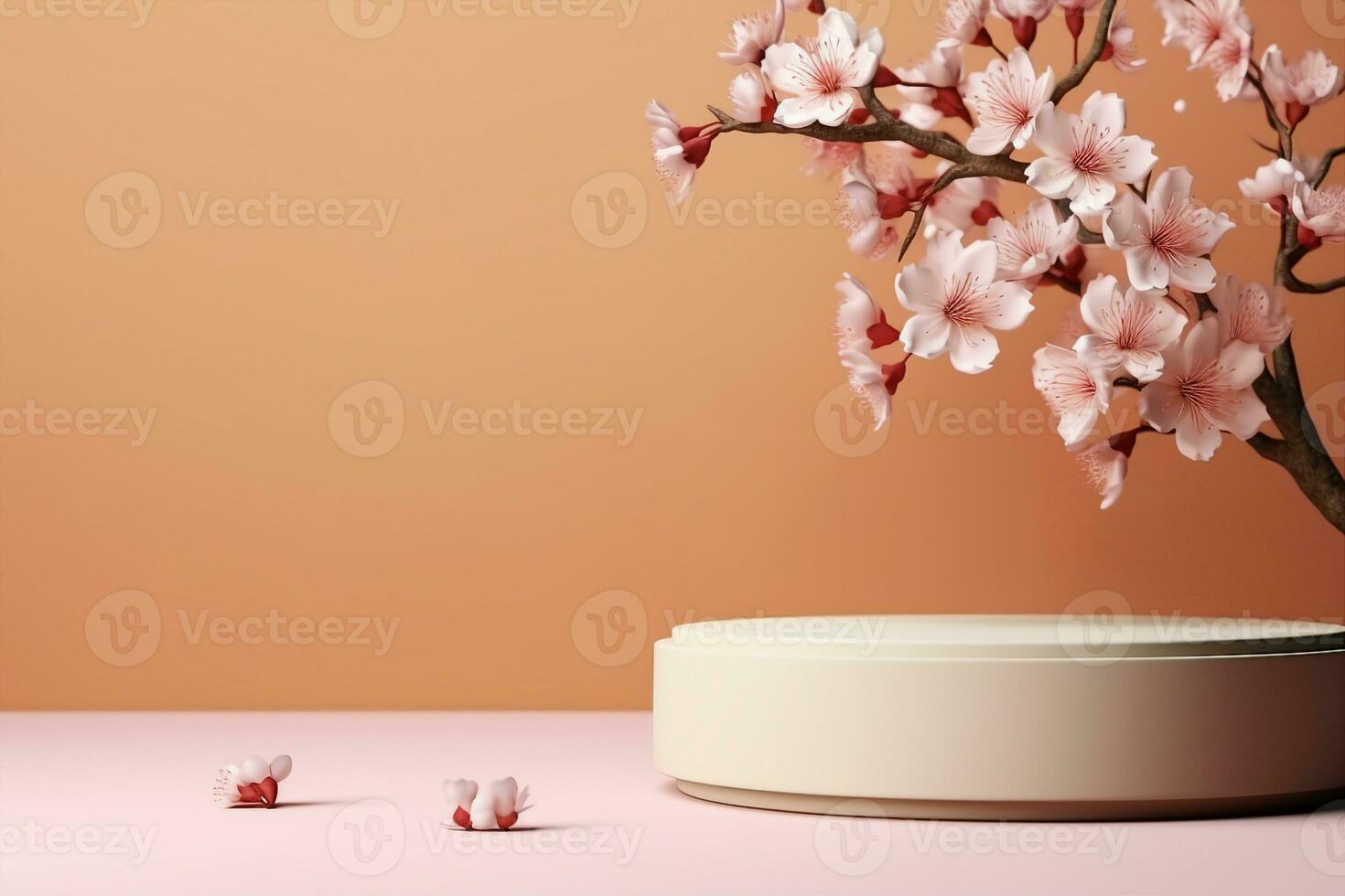 AI generated Product display podium with blossom flowers on brown background. generative ai. photo