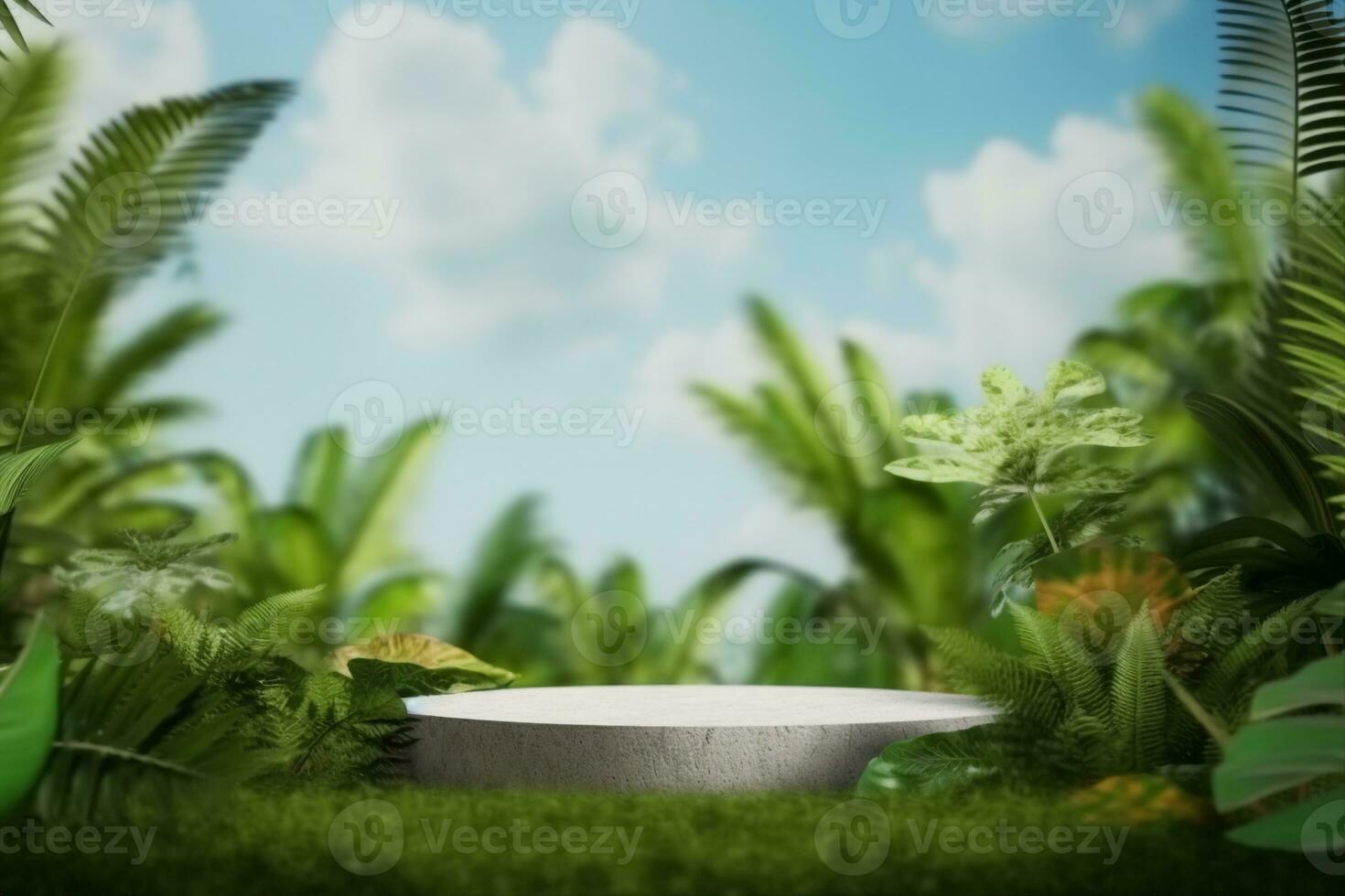 AI generated empty concrete podium on green grass with tropical forest plant blur cloud blue sky background with space.organic healthy product present natural placement pedestal display. photo