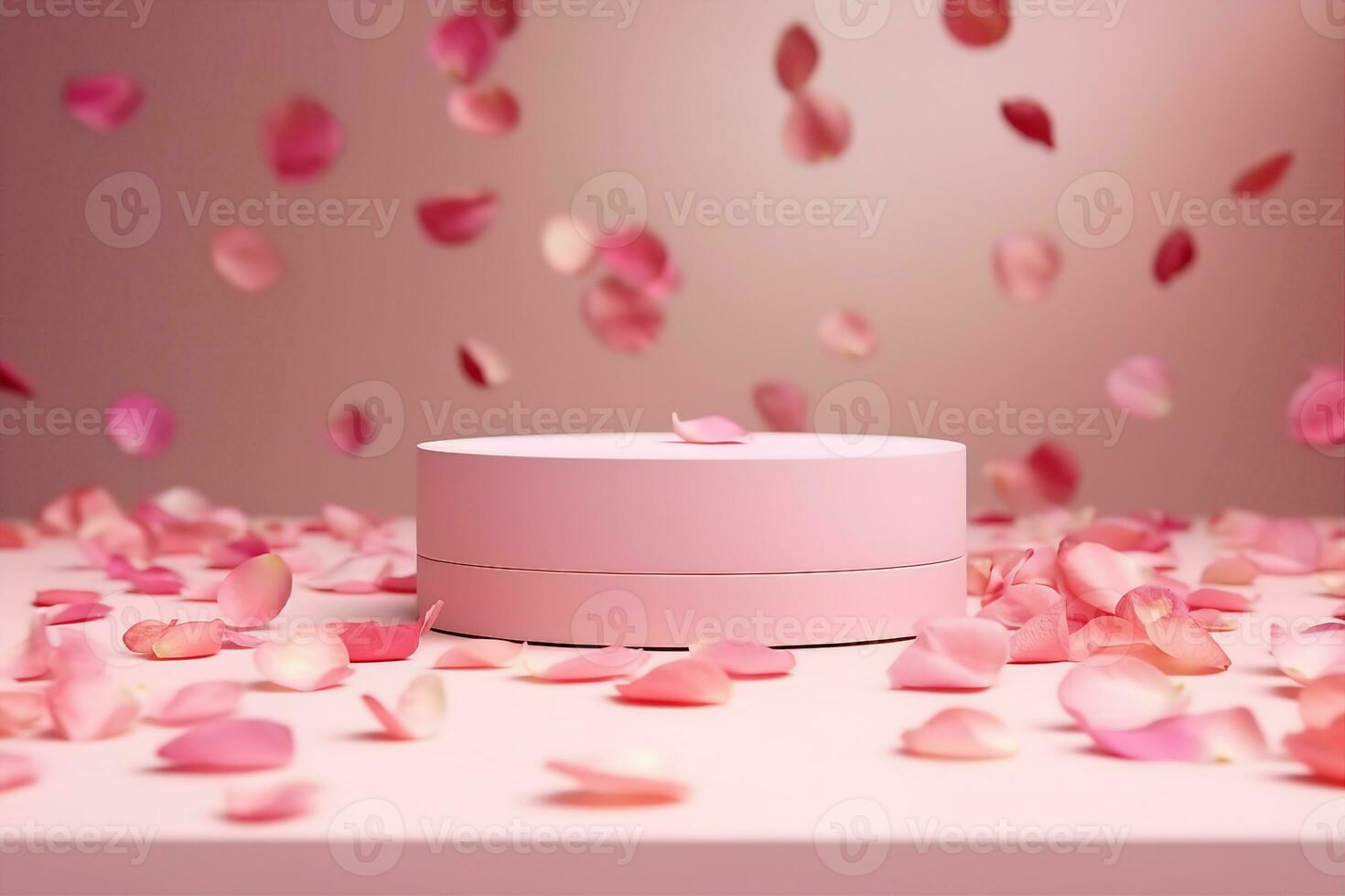 AI generated Pink product podium placement on solid background with rose petals falling. Luxury premium beauty, fashion, cosmetic and spa gift stand presentation. Valentine day present showcase. photo