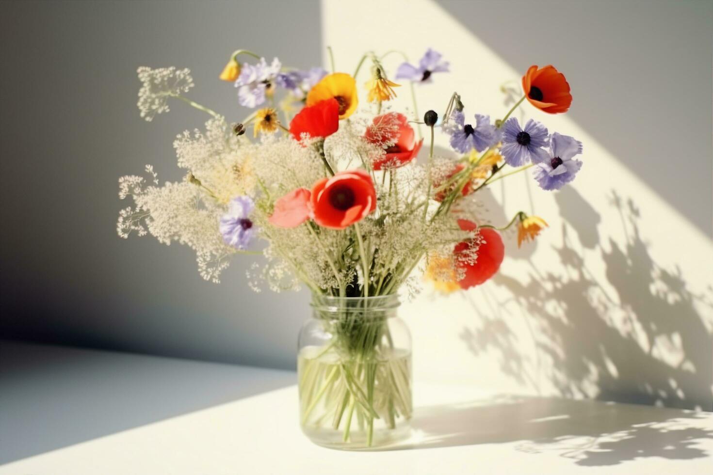 AI generated Bouquet of wildflowers in a small glass vase on the white table. Poppies, chamomiles, cornflowers, green grass. Summer photo. Contrast shadows on the white wall. Country style. photo