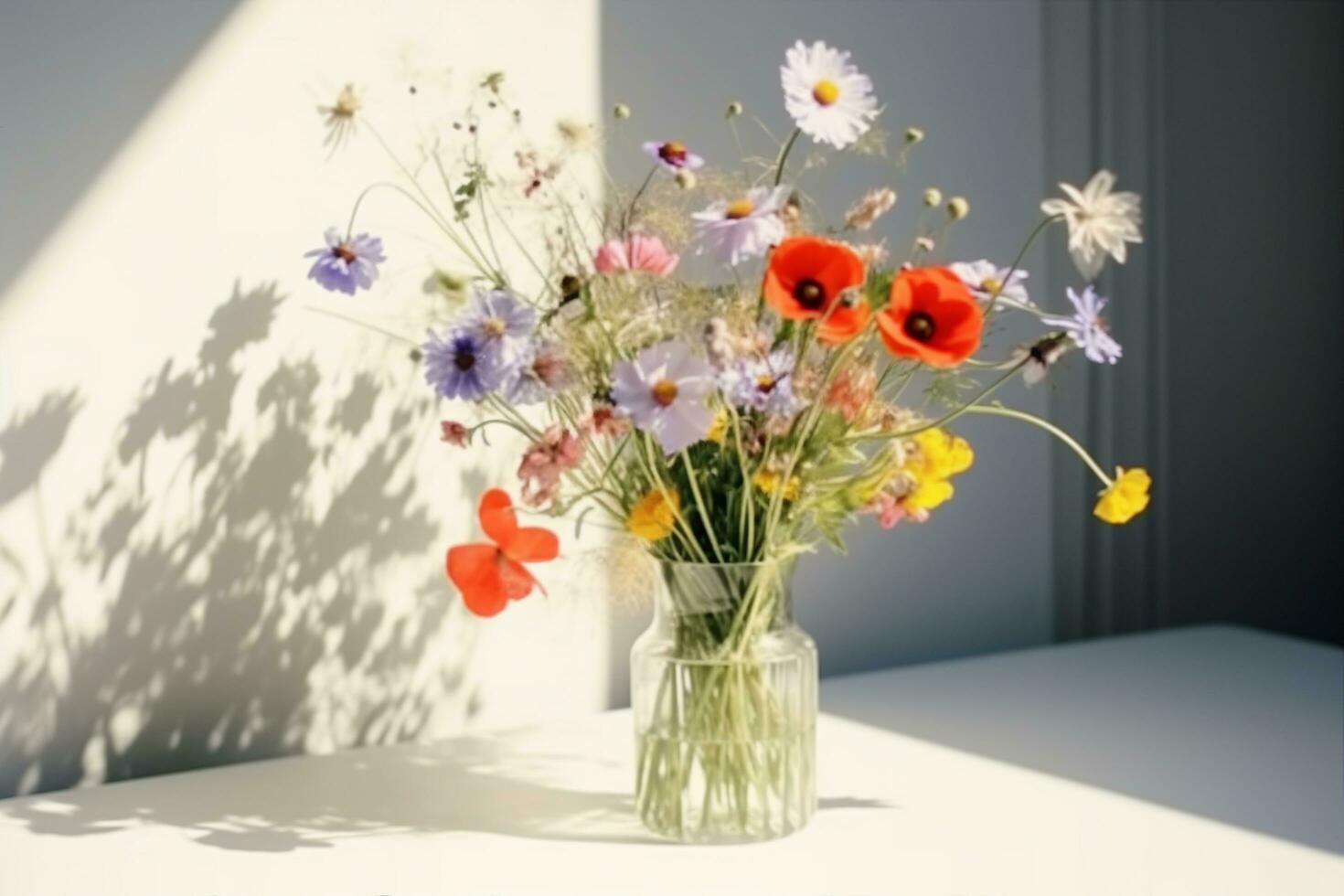 AI generated Bouquet of wildflowers in a small glass vase on the white table. Poppies, chamomiles, cornflowers, green grass. Summer photo. Contrast shadows on the white wall. Country style. photo