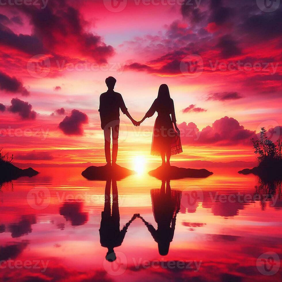 AI generated Silhouetted Love Couple Against the City Sunset photo