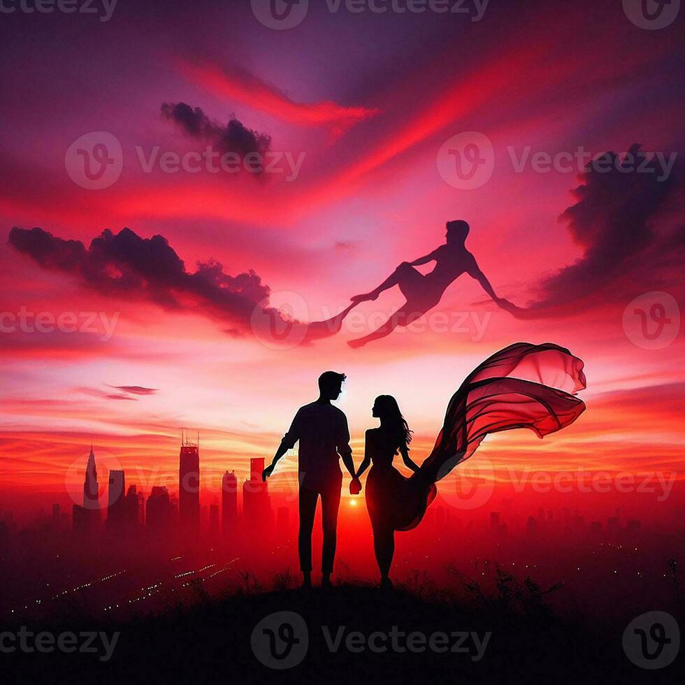 AI generated Silhouetted Love Couple Against the City Sunset photo