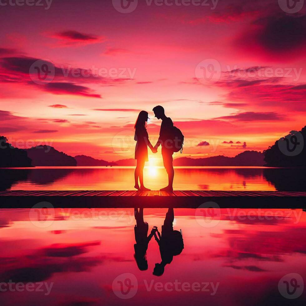 AI generated Silhouetted Love Couple Against the City Sunset photo