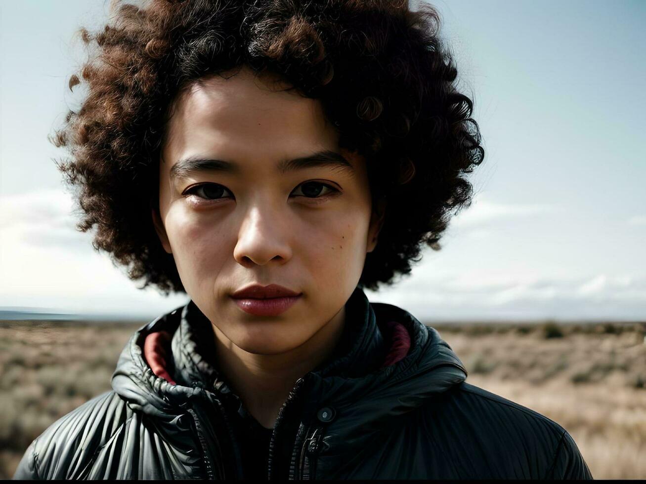 AI generated Afro Asian Woman Looking at Camera Wearing Parka in The Desert photo