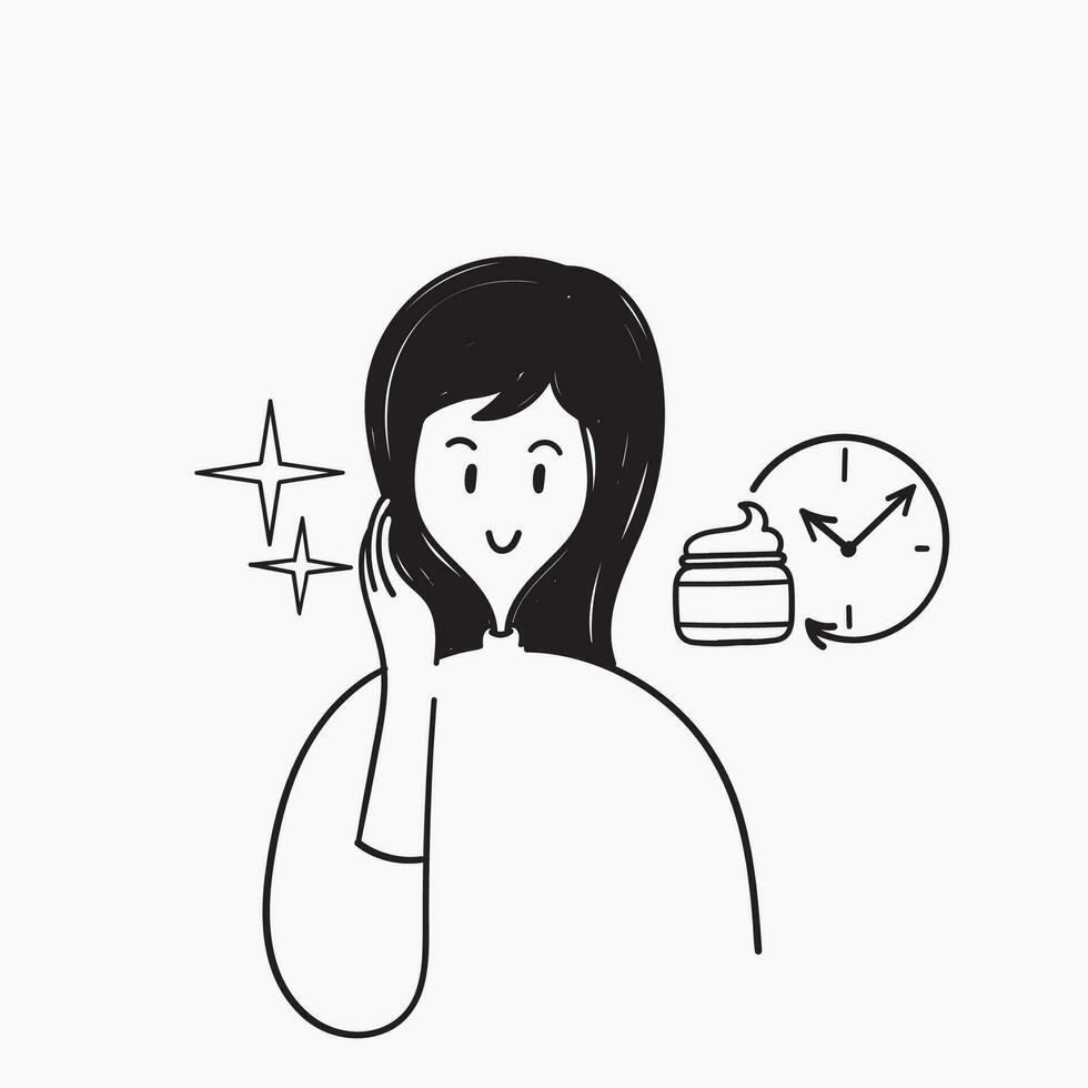 hand drawn doodle woman with face cream time illustration vector