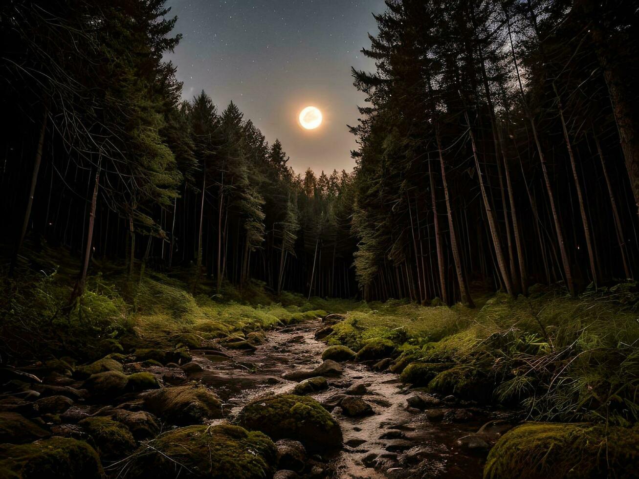 AI generated Rocky Deep Forest Creek with Bright Full Moon in The Midnight Sky Landscape photo