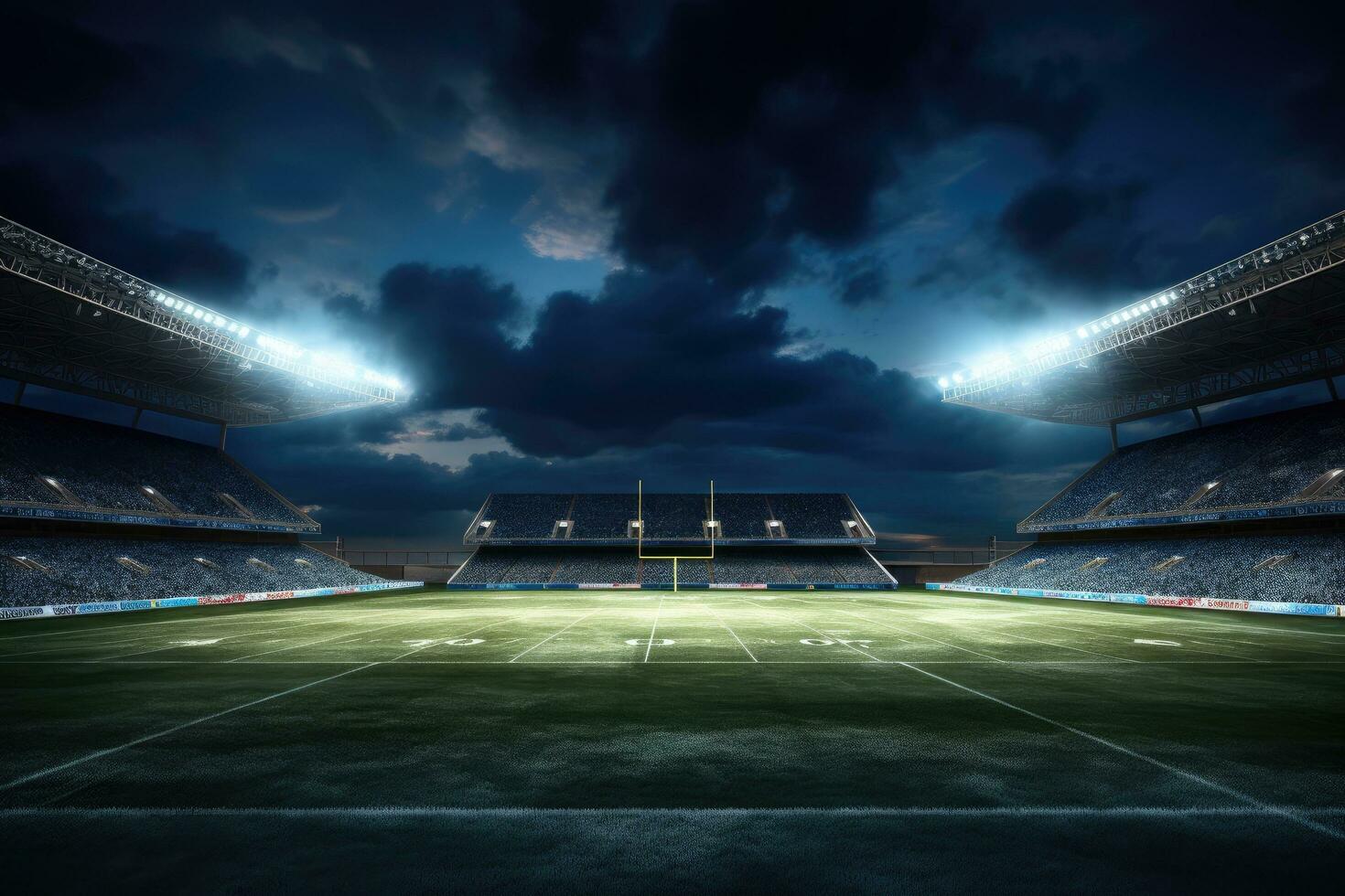 AI generated Night football stadium with lights and seats. 3d render illustration, Football field illuminated by stadium lights, AI Generated photo