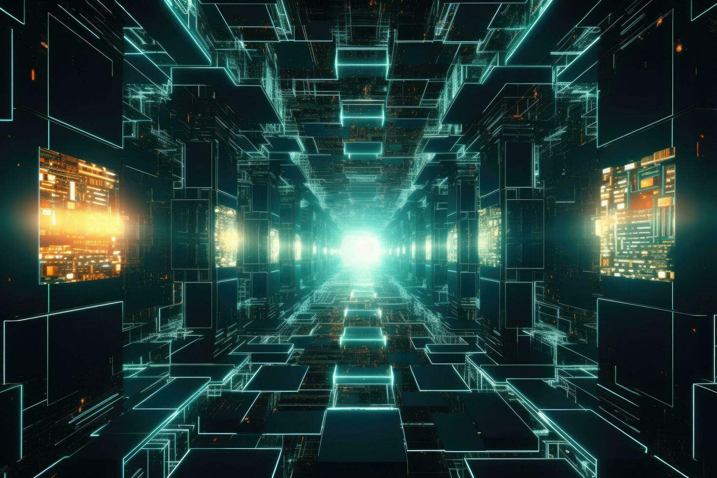 AI generated Abstract futuristic technology background. 3D Rendering, 3D illustration, Futuristic Metaverse tunnel with polygon shapes and circuit boards, AI Generated photo