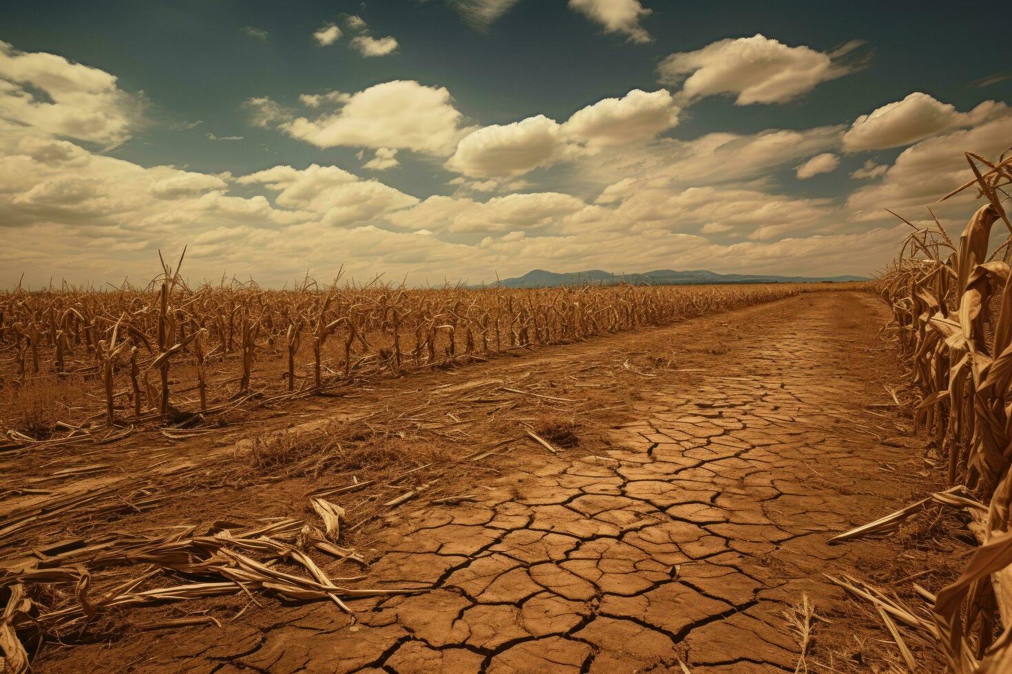 ai generado seco y agrietado tierra en el campo con azul cielo fondo, sequía en un maizal, ai generado foto