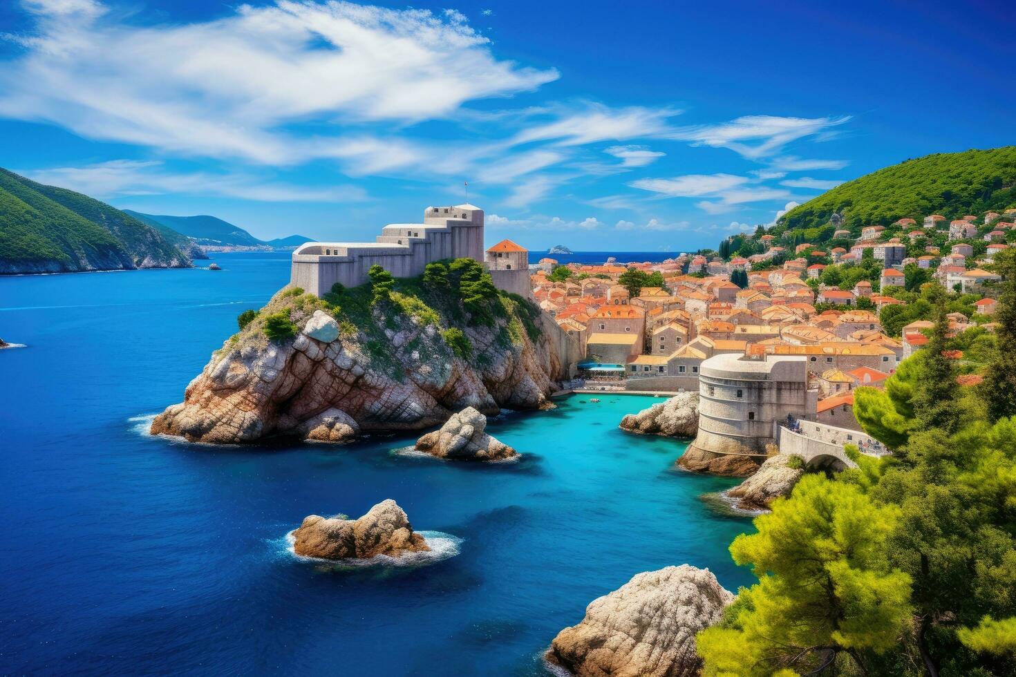 ai generado Dubrovnik antiguo pueblo en el adriático mar en Croacia, general ver de Dubrovnik - fortalezas lovrijenac y bokar visto, ai generado foto