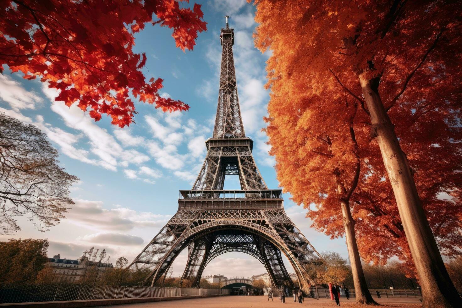 ai generado eiffel torre en París, Francia. hermosa ver de el eiffel torre durante otoño estación, eiffel torre con otoño hojas en París, Francia, ai generado foto