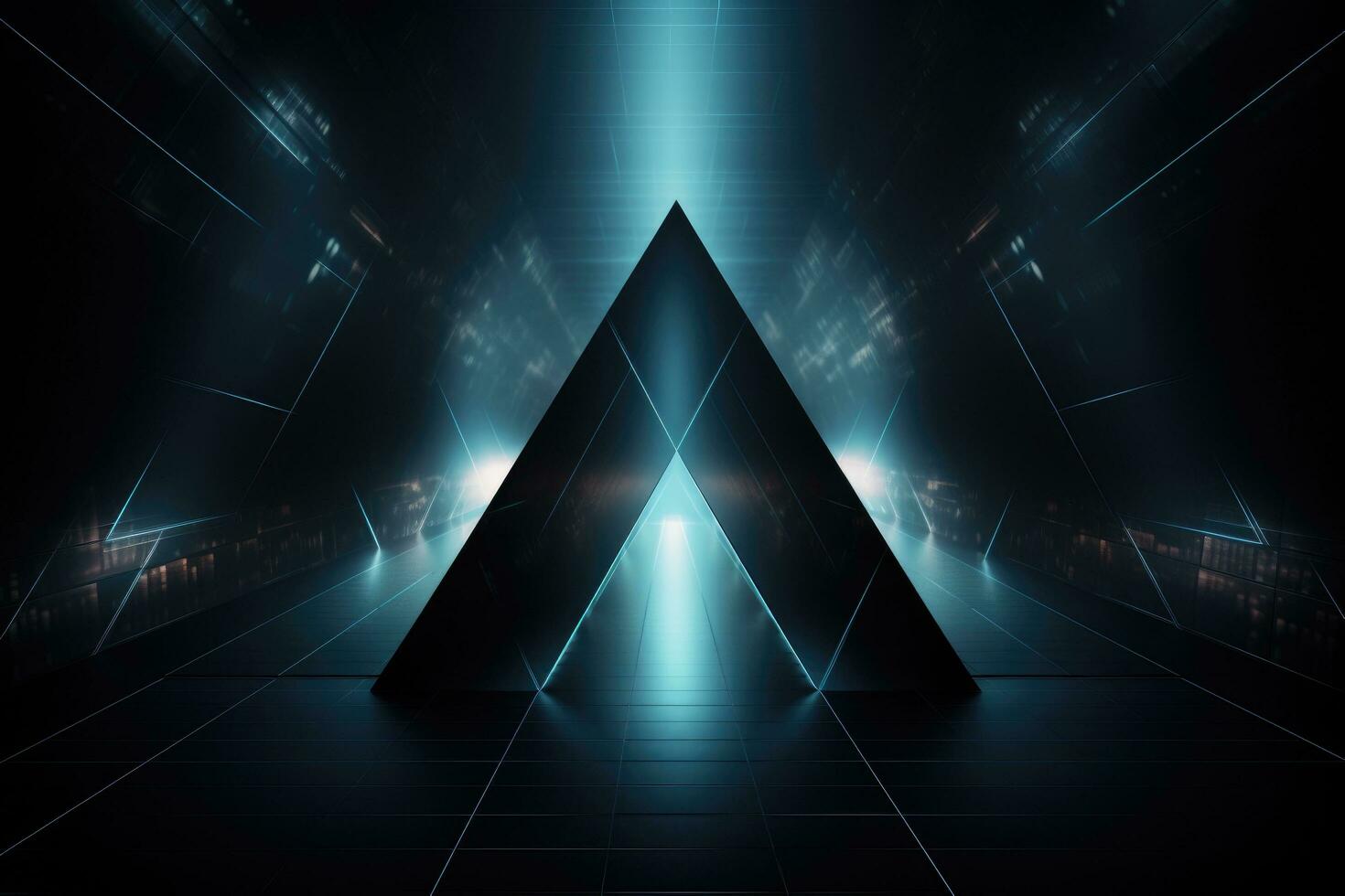 AI generated abstract dark futuristic tunnel with blue lights and reflections 3d rendering, Futuristic, high-tech dark background with a triangular block structure, AI Generated photo