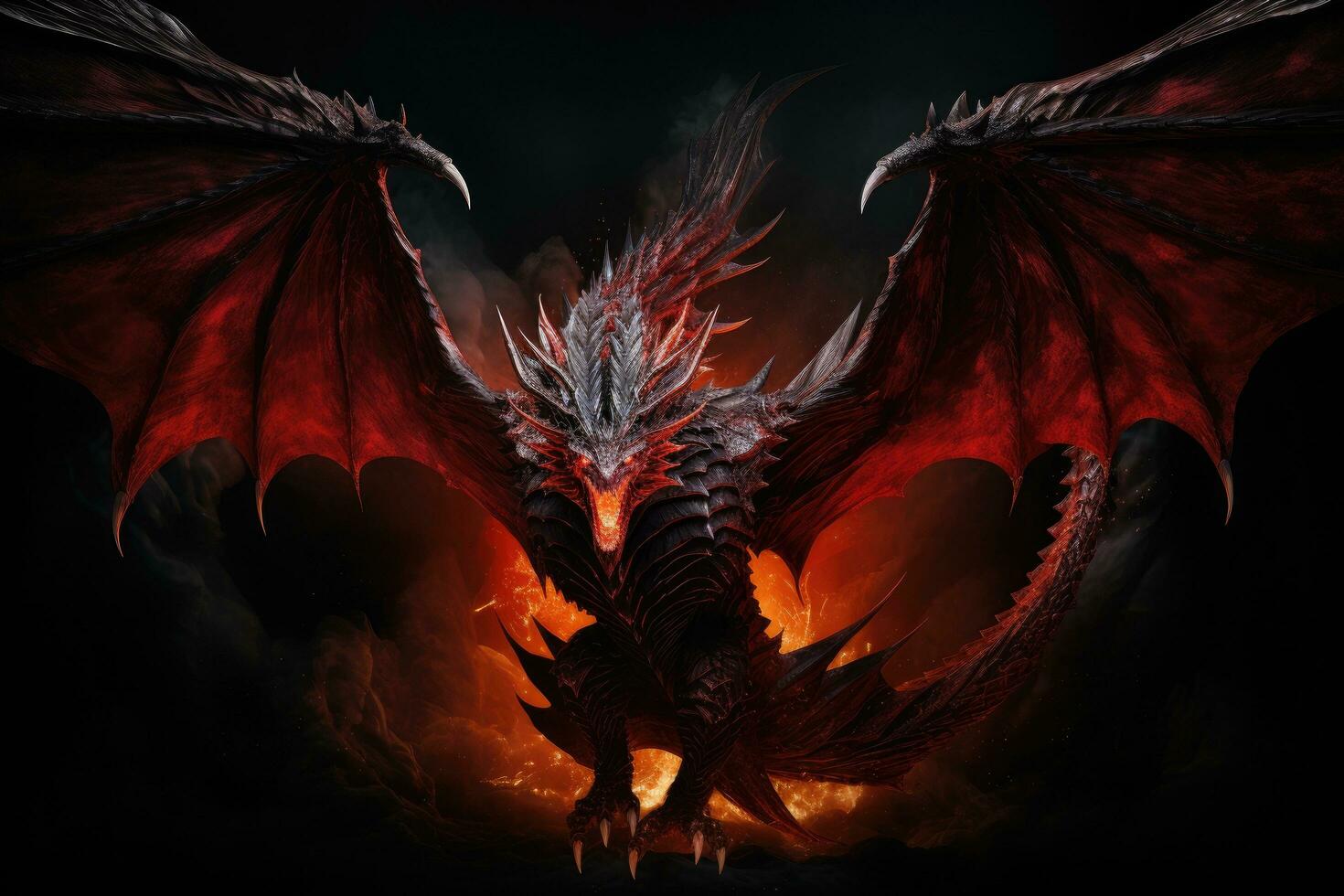 AI generated 3d rendering of a fantasy dragon with fire on a black background, Full-length portrayal of an angry red dragon with big wings and fire against a black background, AI Generated photo