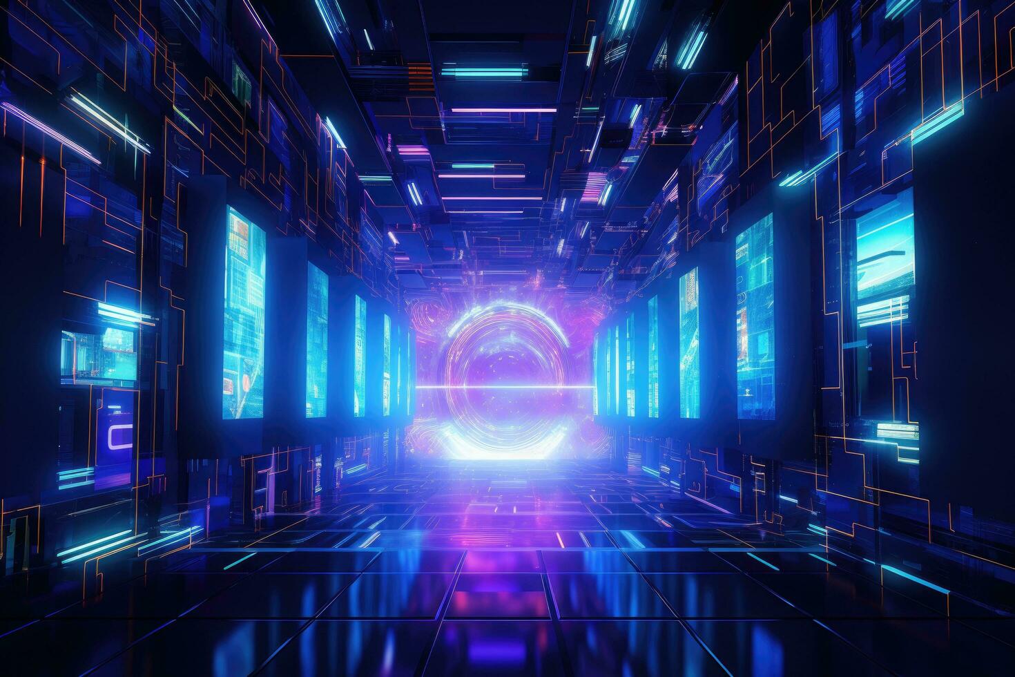AI generated futuristic corridor with glowing neon lights 3d rendering wallpaper background, Futuristic Metaverse tunnel with polygon shapes and circuit boards, AI Generated photo