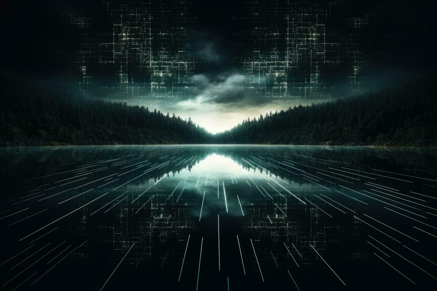 AI generated Futuristic dark landscape with lake, forest and reflection in water, Futuristic dark pond reflection background, AI Generated photo