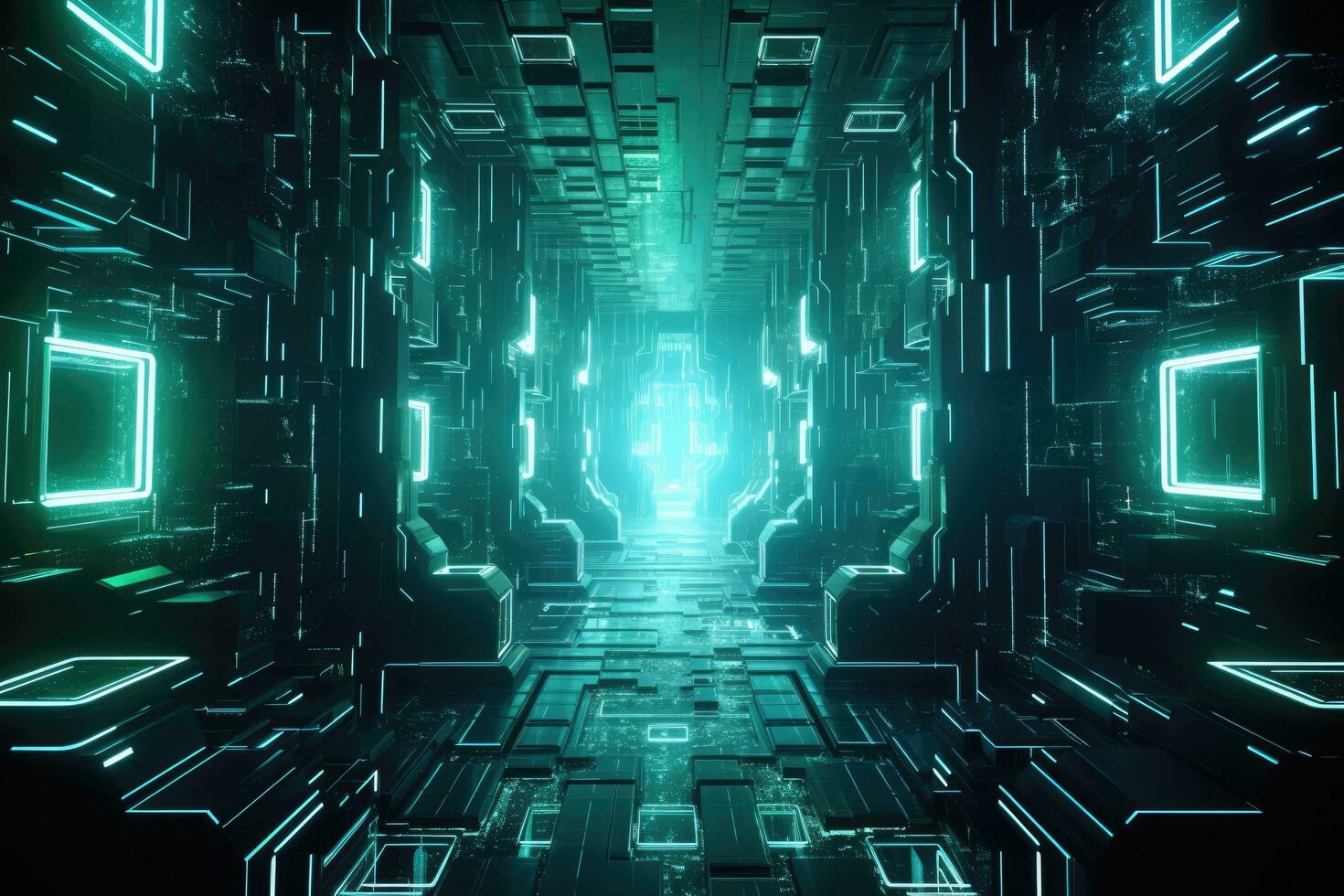 AI generated Dark futuristic corridor with glowing neon lights, 3d rendering abstract background, Futuristic Metaverse tunnel with polygon shapes and circuit boards, AI Generated photo
