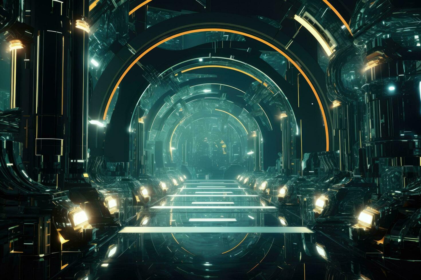 AI generated Futuristic scifi tunnel corridor with glowing lights 3D rendering, Futuristic Metaverse tunnel with polygon shapes and circuit boards, AI Generated photo
