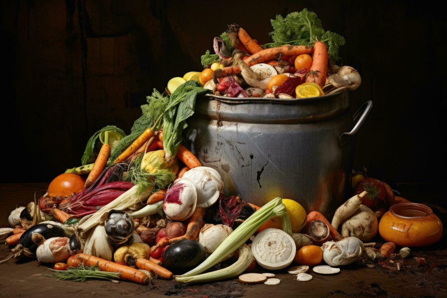 AI generated Vegetables in a pot on a rustic wooden table, Food waste, AI Generated photo