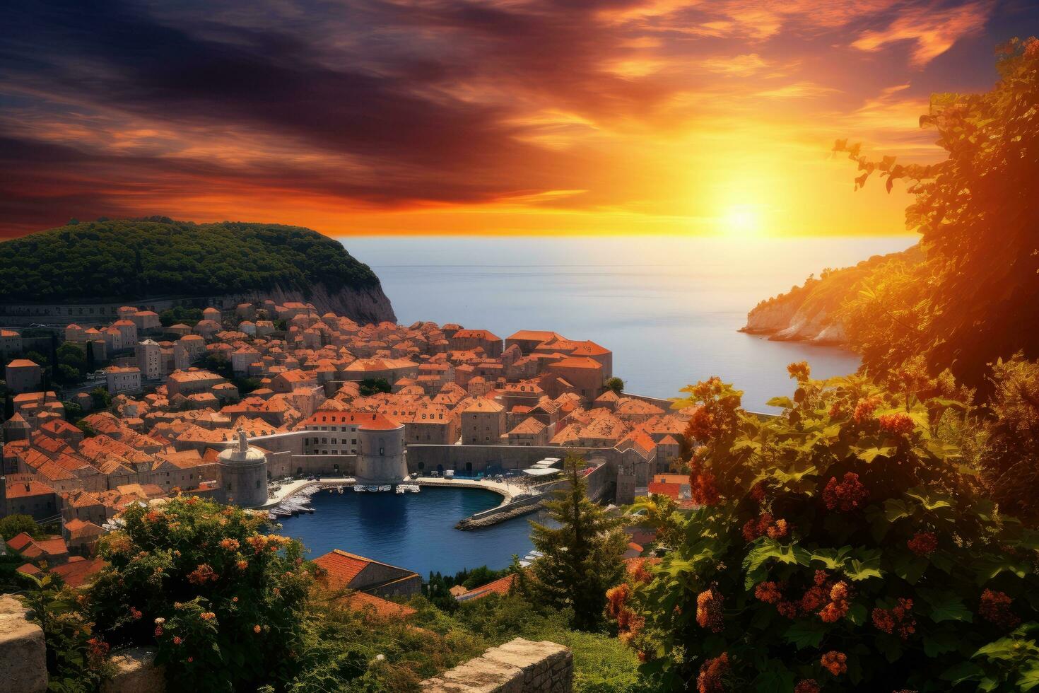 ai generado Dubrovnik antiguo pueblo a puesta de sol. Croacia. panorámico vista, dubrovnik, Croacia, hermosa romántico antiguo pueblo de Dubrovnik durante atardecer, ai generado foto