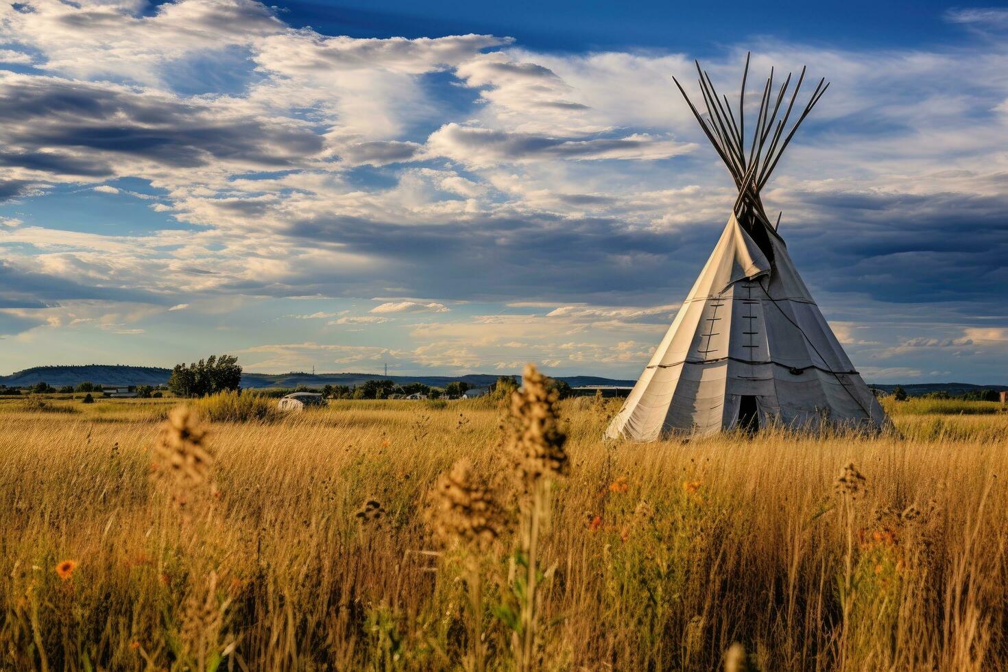 AI generated Tribal teepee in the prairie at sunset, South Dakota, First Nations tipis on the open prairies of North America, AI Generated photo
