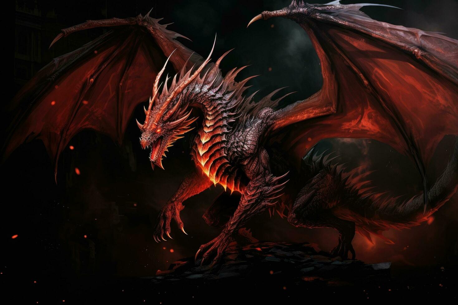 AI generated Dragon in the dark. 3D rendering. Computer digital drawing, Full-length portrayal of an angry red dragon with big wings and fire against a black background, AI Generated photo