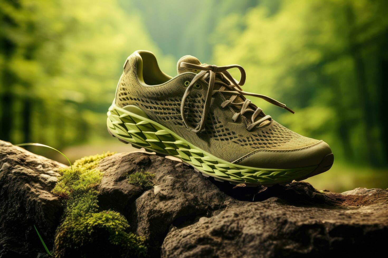 AI generated Sport shoes on rock in forest. Sport and healthy lifestyle concept, Environmentally friendly shoes, Running outdoors in nature concept, AI Generated photo
