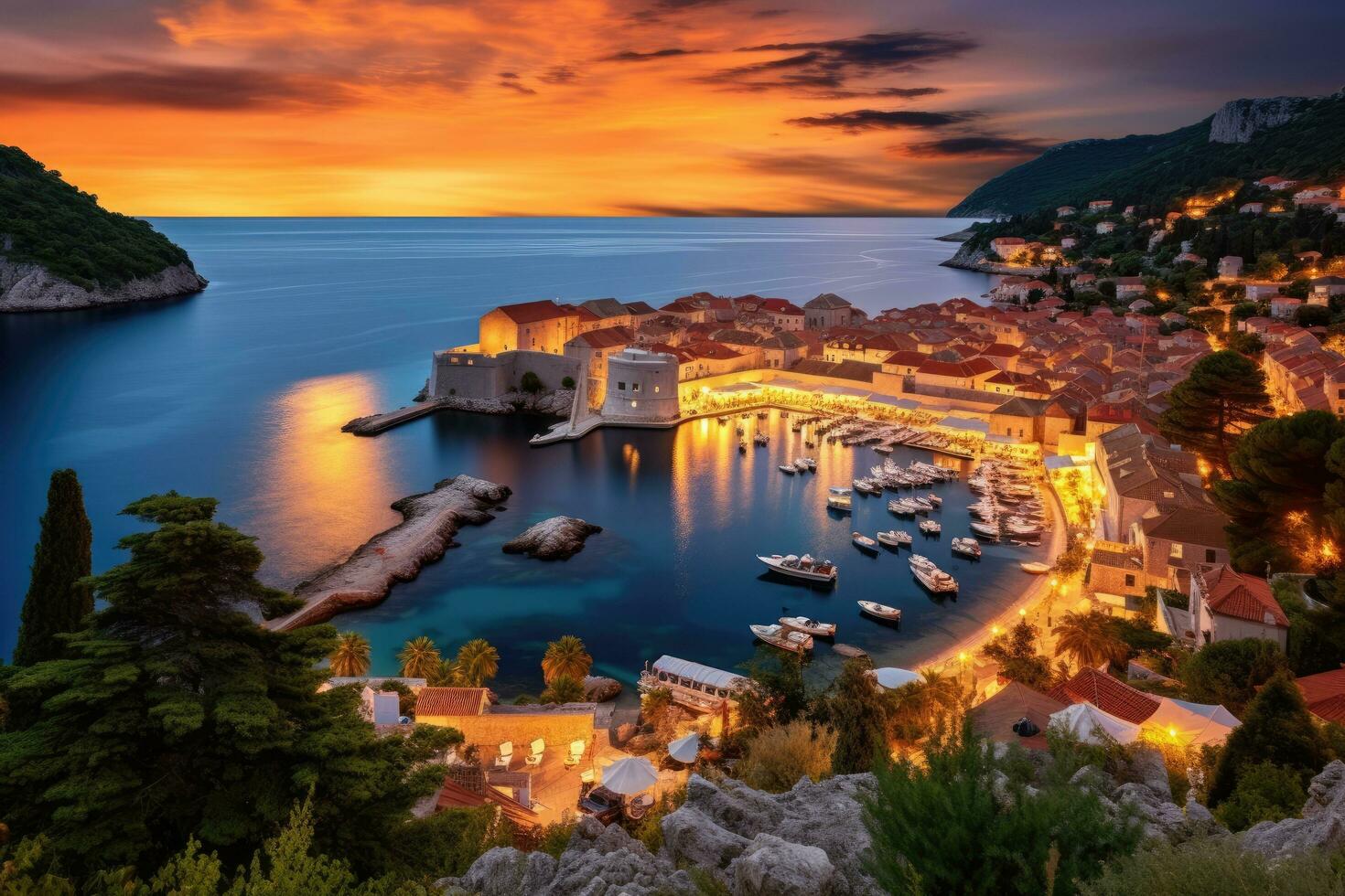 ai generado Dubrovnik Croacia a puesta de sol. adriático mar y antiguo ciudad, dubrovnik, Croacia, hermosa romántico antiguo pueblo de Dubrovnik durante atardecer, ai generado foto