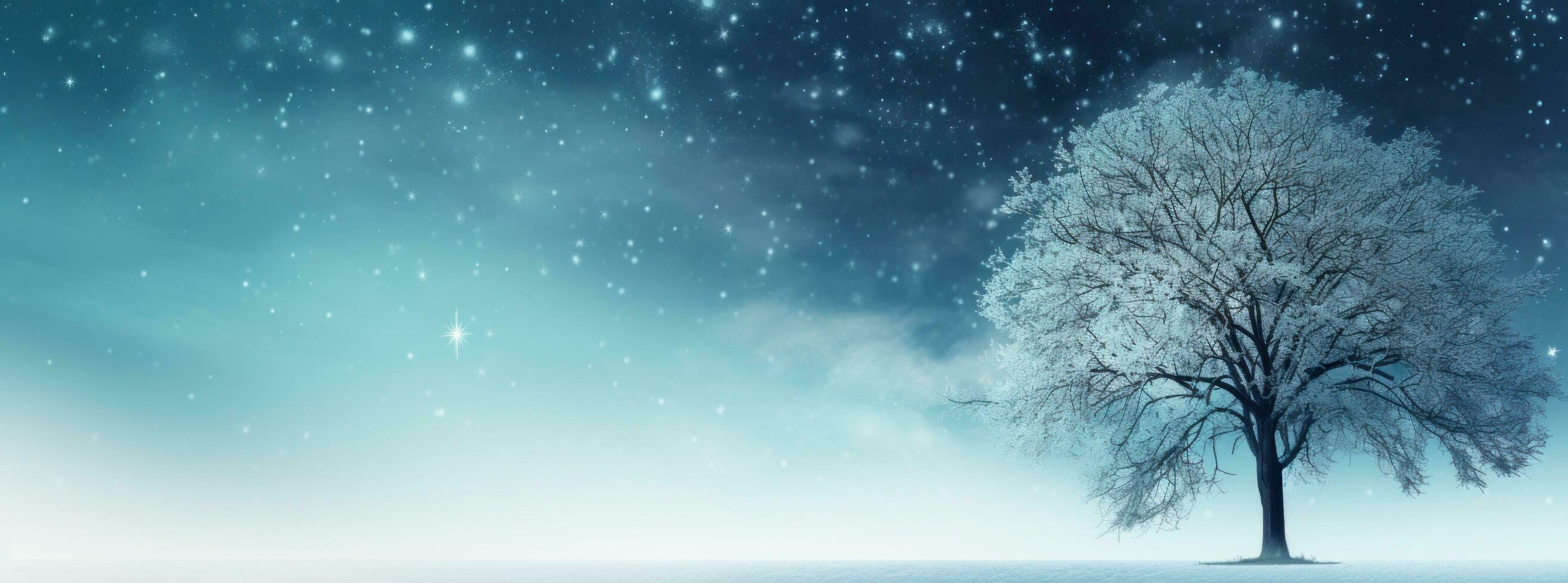 AI generated blue snow falling behind a tree into a blue winter sky background photo