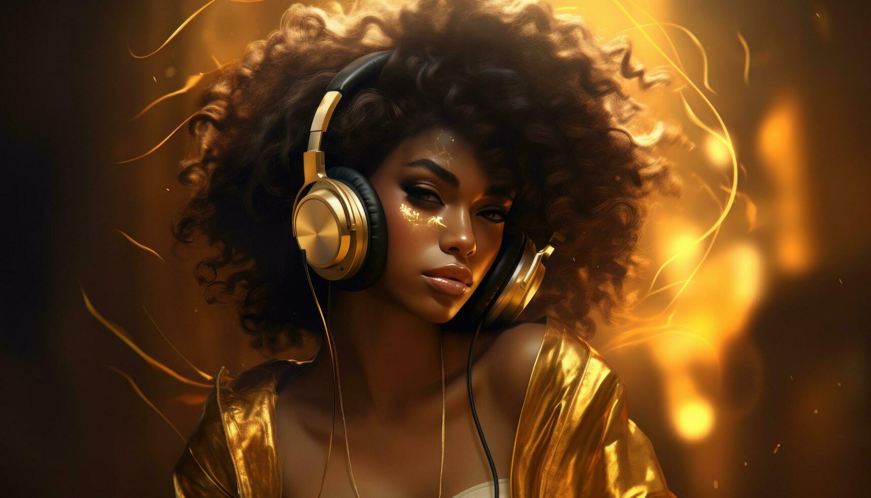 AI generated an afro beautiful woman in gold with a headphones photo