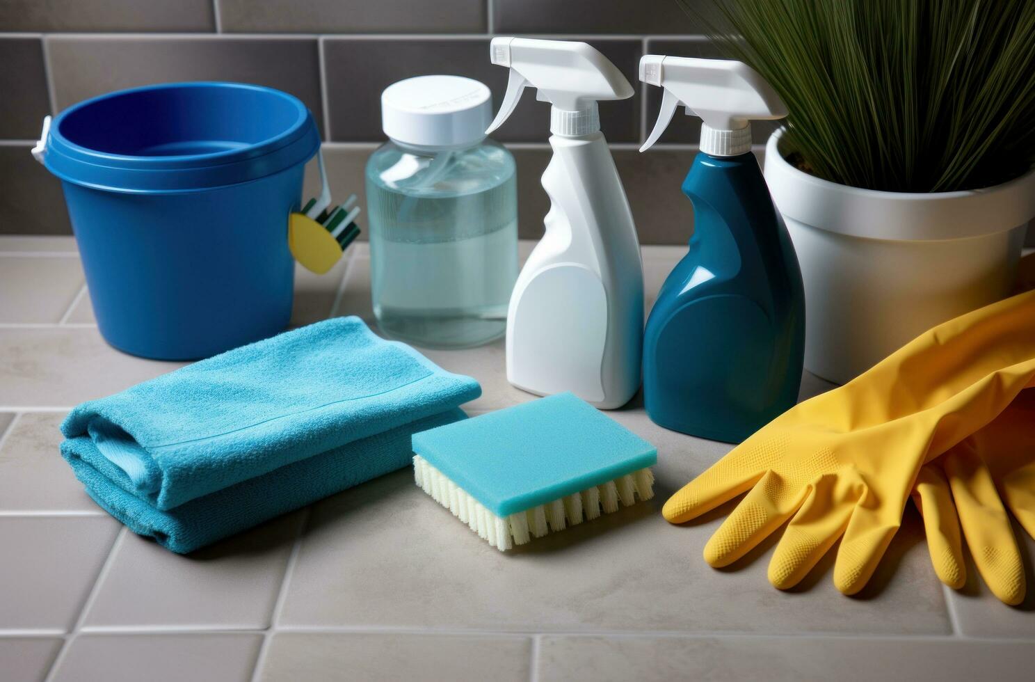AI generated cleaning supplies, gloves and sponges on a tile floor photo