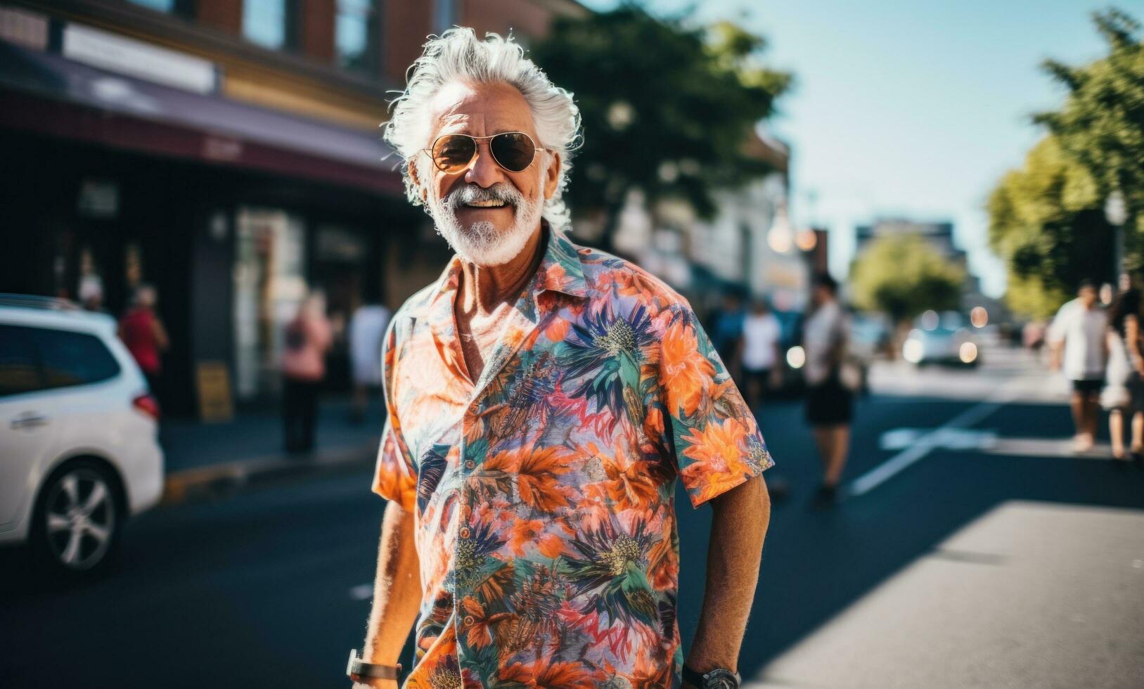 ai generado un más viejo hombre en un floral camisa en pie en el calle foto