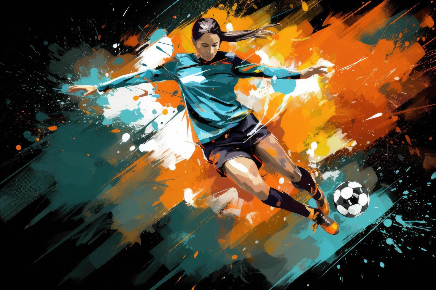 AI generated Digital illustration of a soccer player kicking the ball against a grunge background, Expressive abstract illustration of a female soccer player in action, AI Generated photo