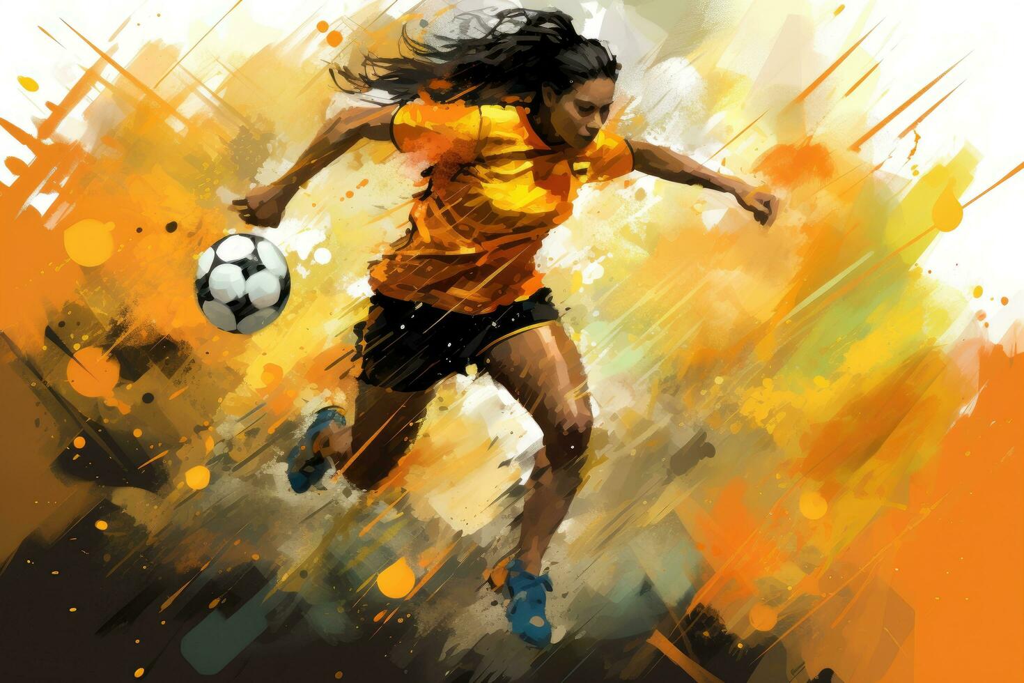 AI generated Illustration of a female soccer player kicking the ball on a grunge background, Expressive abstract illustration of a female soccer player in action, AI Generated photo
