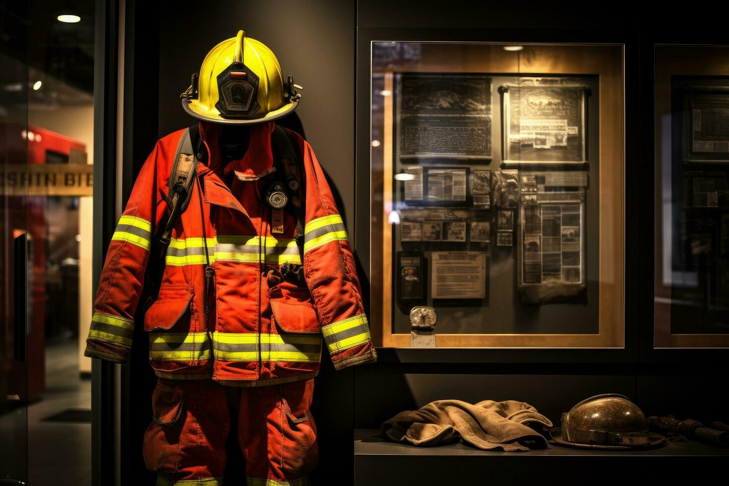 AI generated Firefighter uniform and helmet at the fire department in the building, Firefighter's bunker suit displayed in the fire station, AI Generated photo