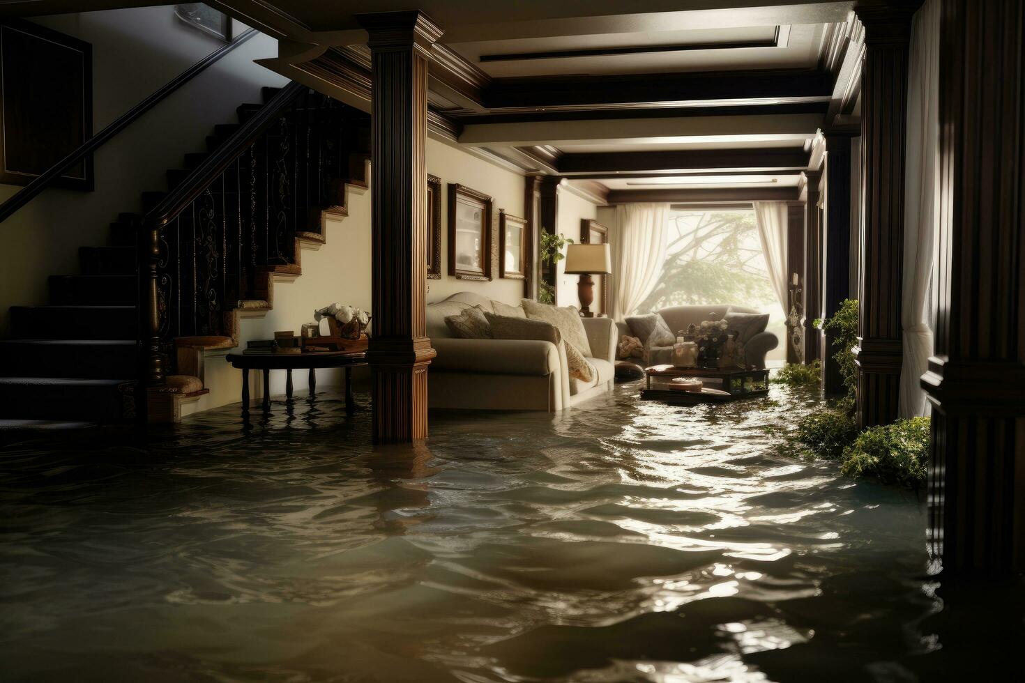 ai generado interior de un villa en el medio de el mar. 3d representación, inundado casa con habitaciones lleno de agua, ai generado foto
