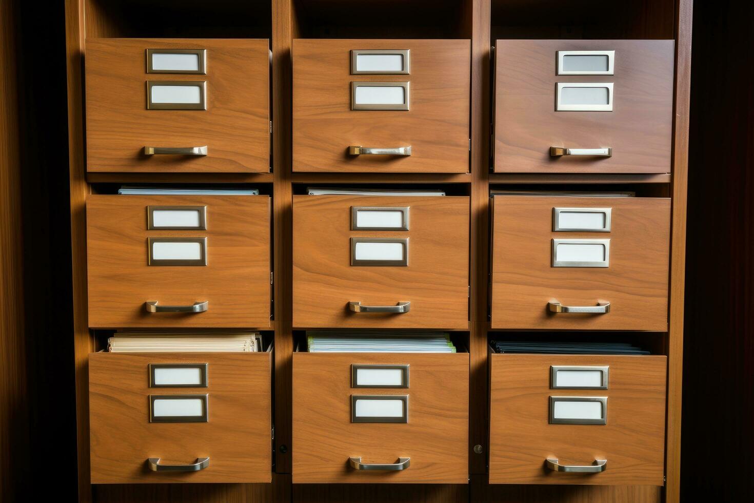 AI generated Wooden filing cabinet with drawers in a modern office, close up, Filing cabinet with files, Filing cabinet with files, AI Generated photo