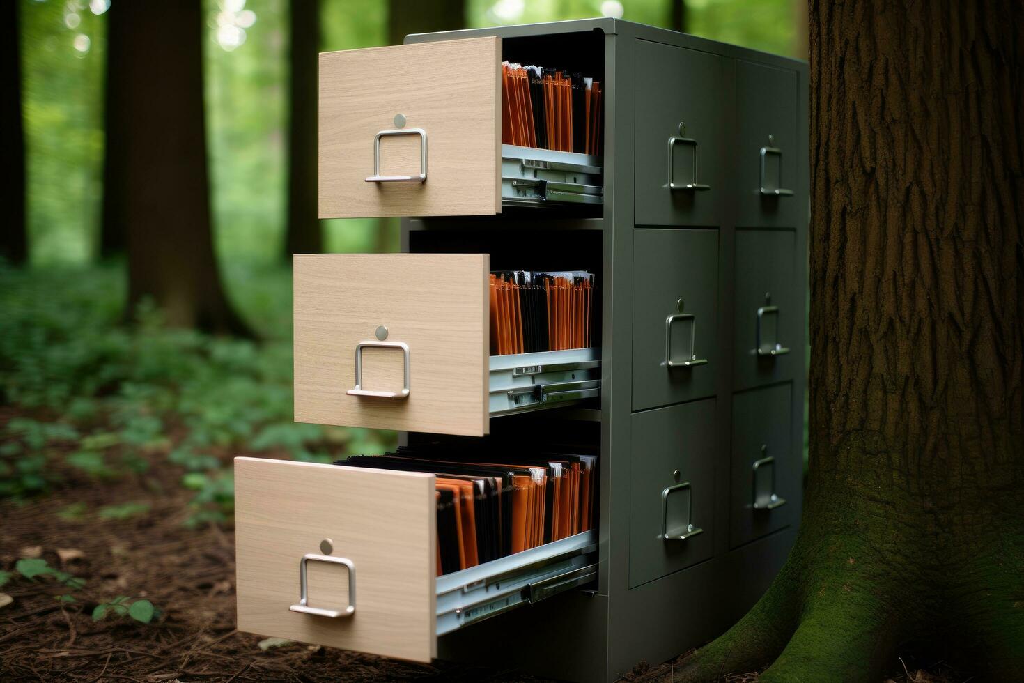 AI generated A filing cabinet in a green forest with file folders in it, Filing cabinet with files, AI Generated photo