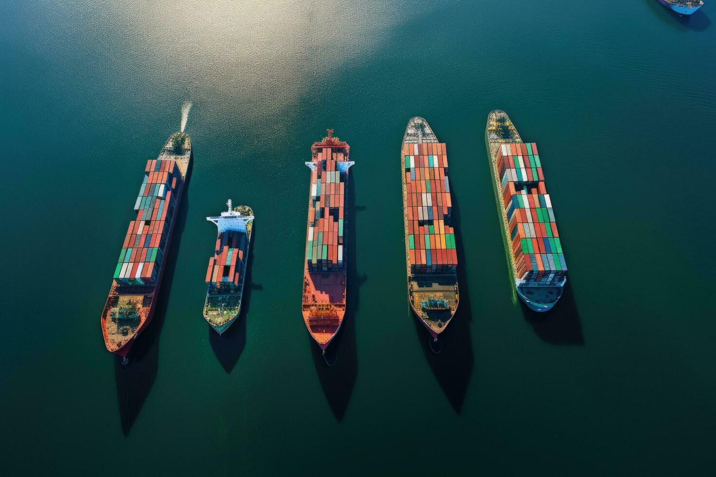 ai generado aéreo ver de carga Embarcacion en el mar a puesta de sol. carga transporte concepto, cuatro envase buques navegación a través de el Oceano en esta aéreo fotografía, ai generado foto