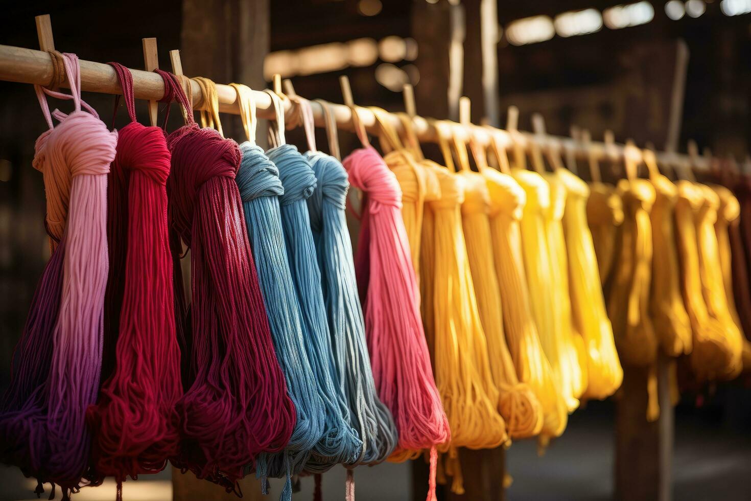 AI generated Colorful silk scarves hanging in a textile factory. Textile industry, Dyeing fabrics and yarn in a production farm, AI Generated photo