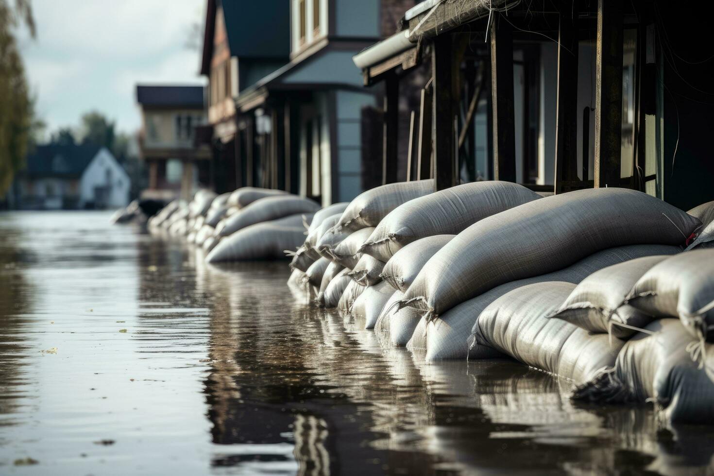AI generated Bundles of sandbags on a flooded street in the Netherlands, Flood protection sandbags with flooded homes in the background, AI Generated photo