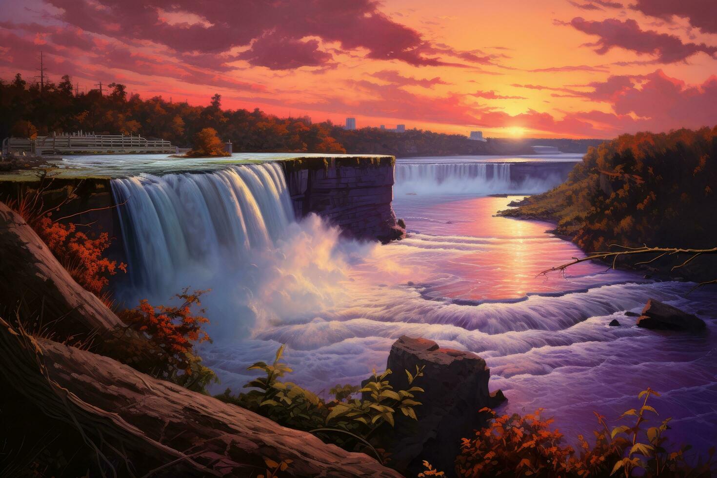 AI generated Niagara Falls, Ontario, Canada. Beautiful Niagara Falls at sunset, Dusk at Niagara Falls, AI Generated photo